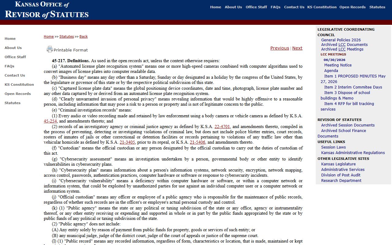 Norton County court records Kansas Open Records Act definitions