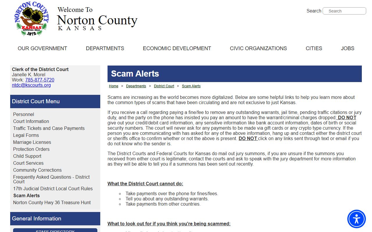 Norton County District Court scam alerts and payment warnings