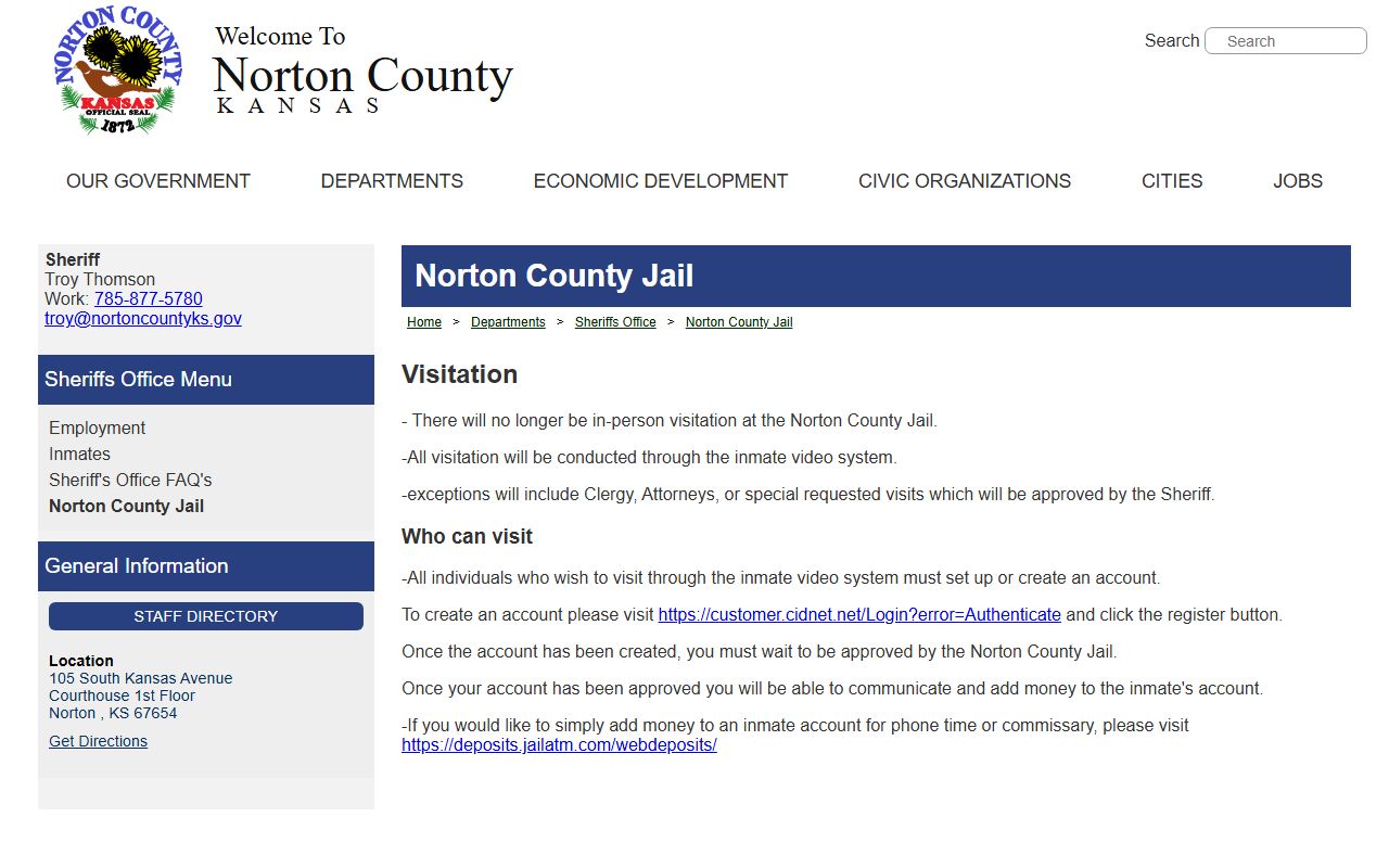 Norton County inmate records jail visitation and money page