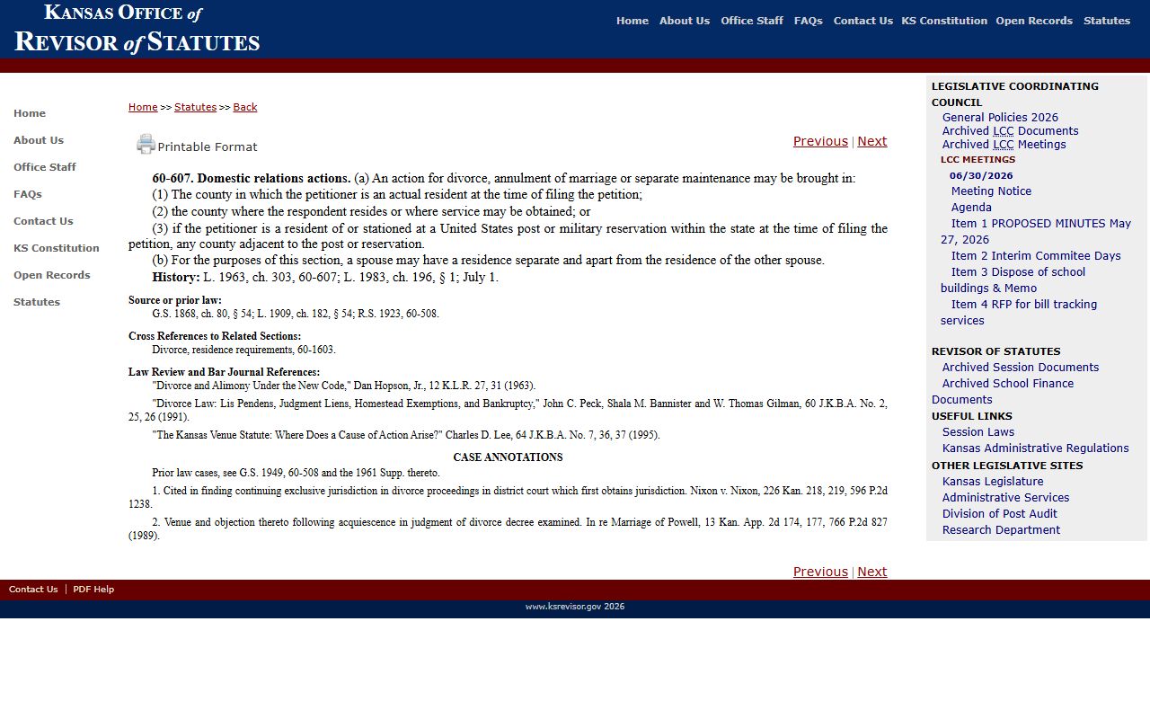 Norton County divorce records Kansas domestic relations venue statute