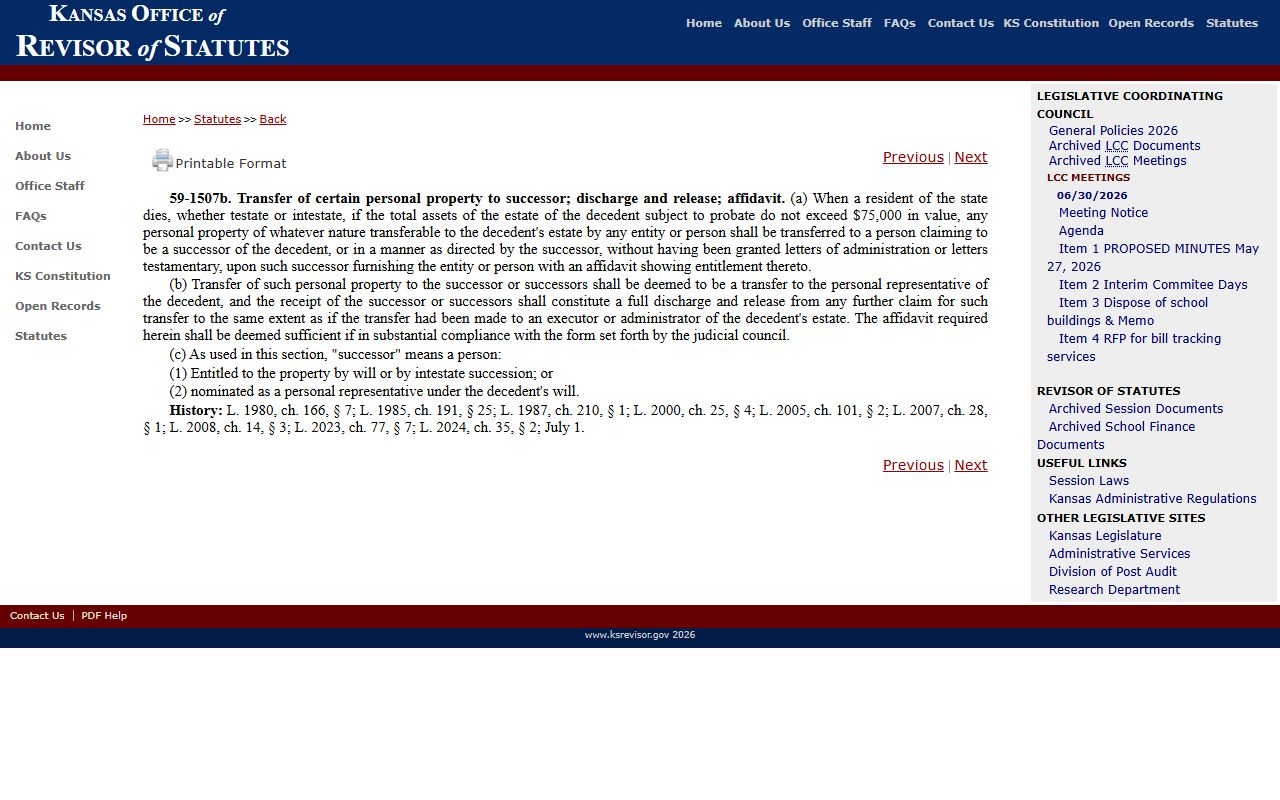 Norton County probate records Kansas small estate affidavit statute