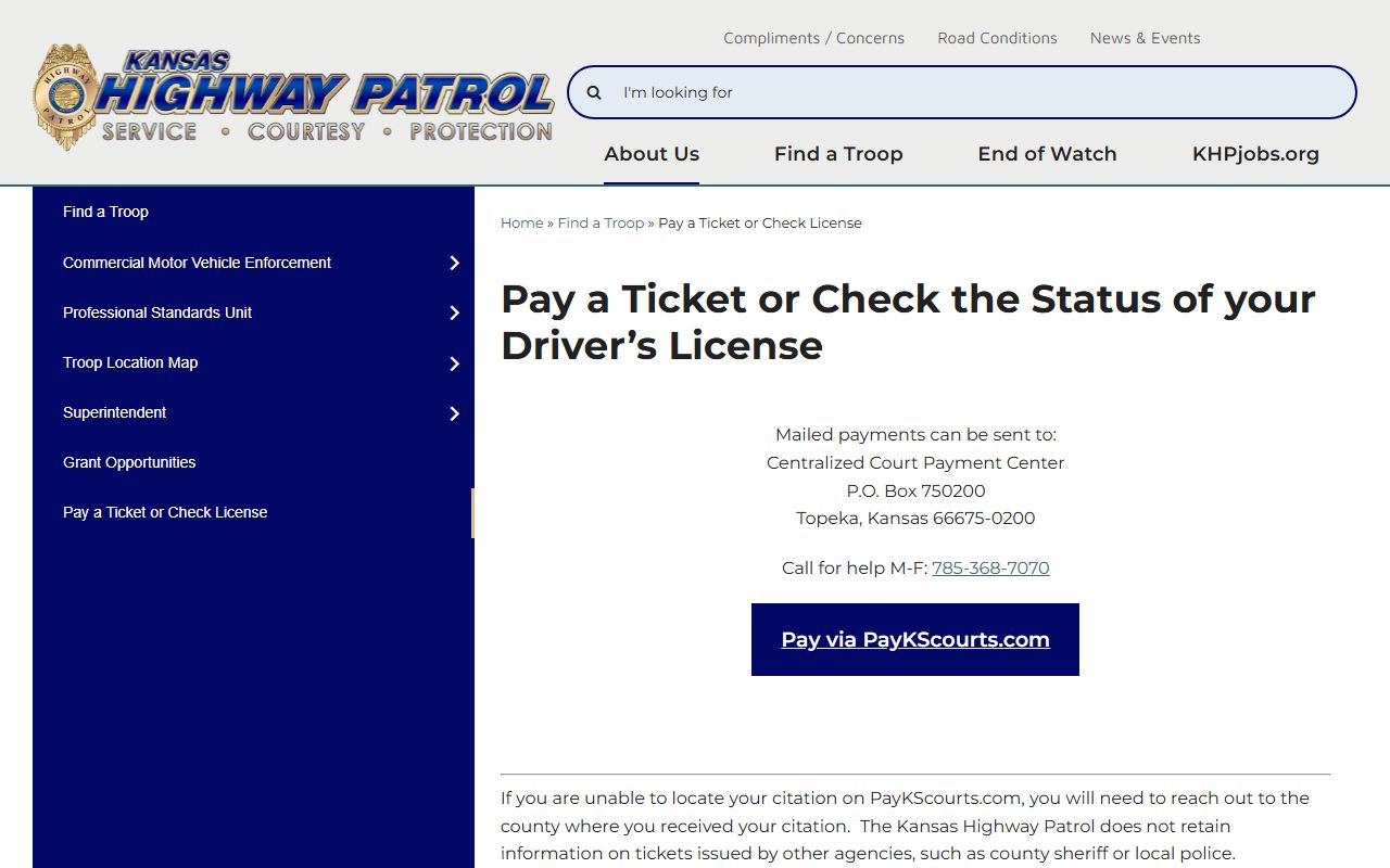 Norton County traffic court records Kansas Highway Patrol ticket payment page